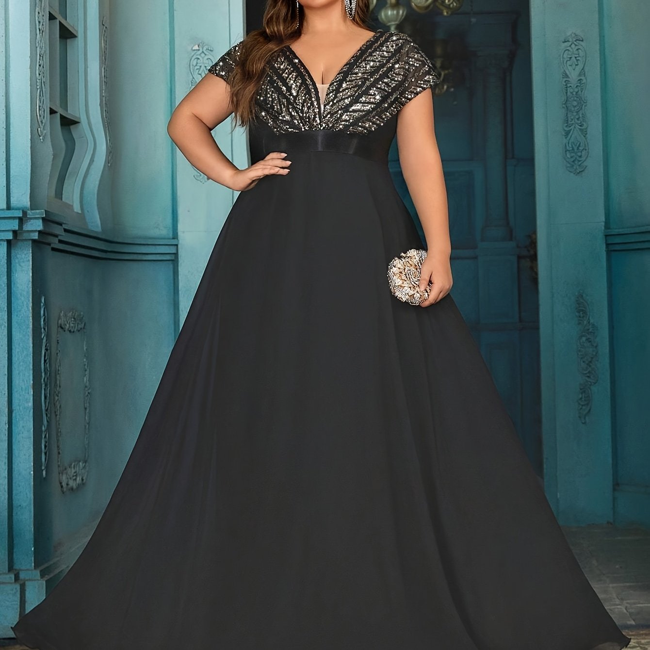 Plus Size Women Short Sleeve Dress Black Elegant Formal Evening Wedding Guest Gown