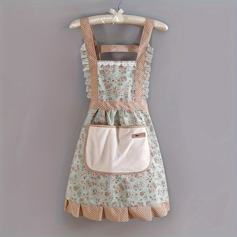 Floral Lace Apron with Hand Wipe Pocket for Kitchen Cleaning