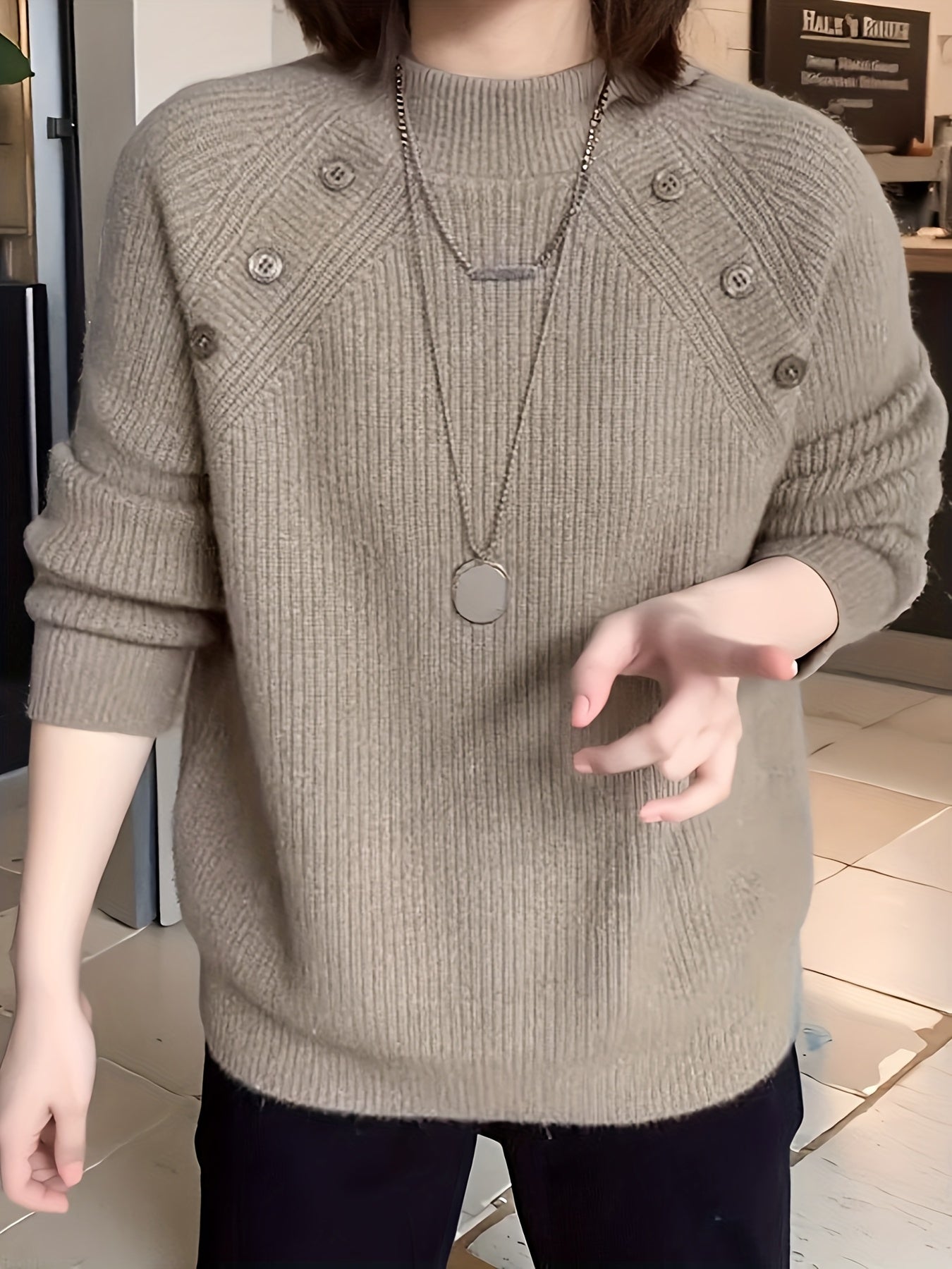 Women's Polyester Crew Neck Sweater with Long Sleeves and Button Details for Fall Winter