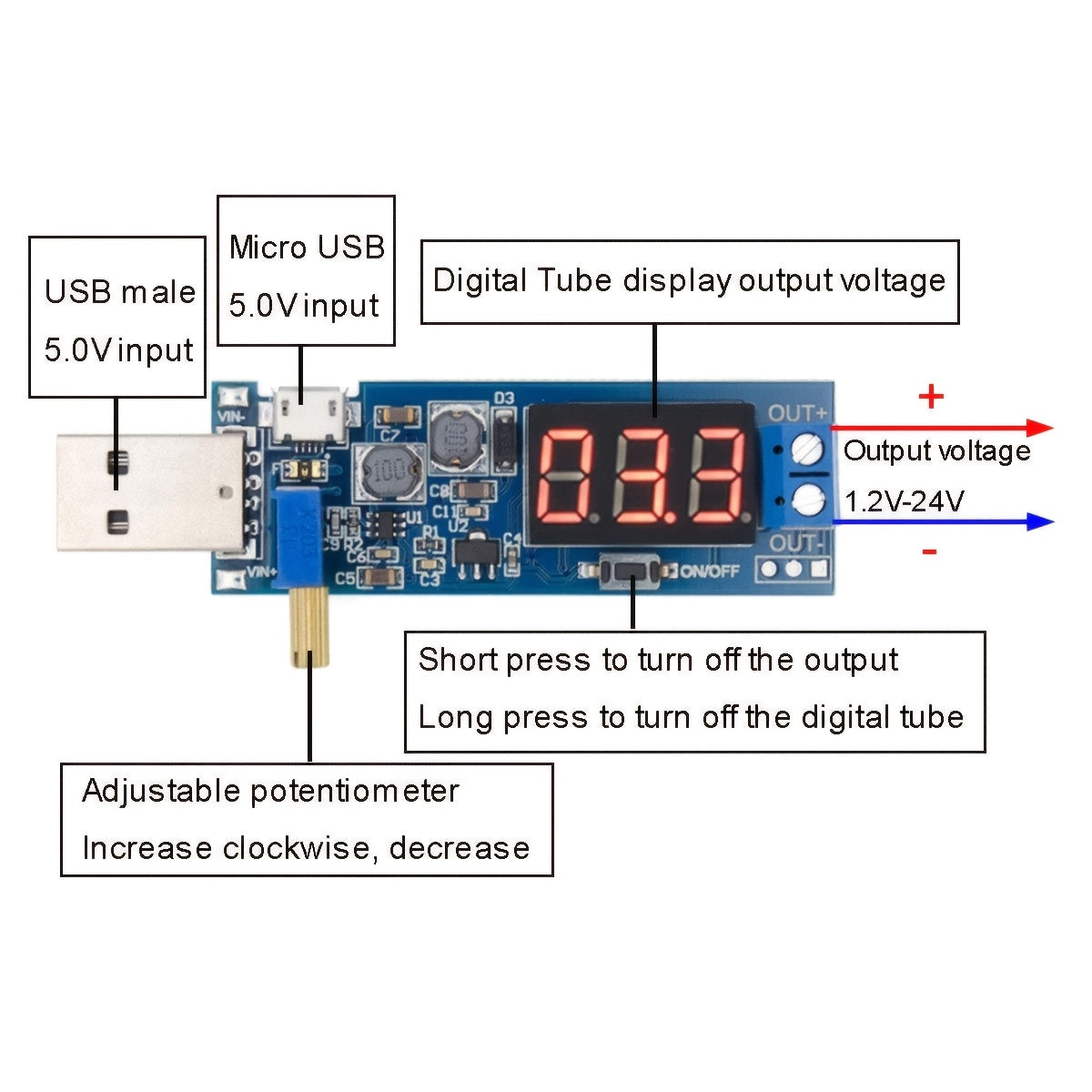 5-Pack USB Buck Boost Converter 3.5V-12V to 1V-24V Adjustable Power Supply