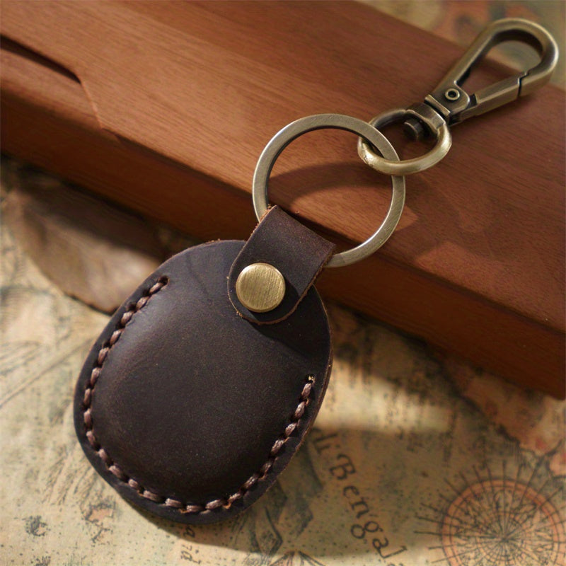 Retro Cowhide AirTag Case - Leather Protective Cover with Keychain
