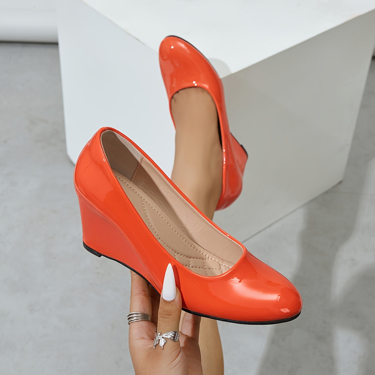 Women's Orange Glossy High Heel Pumps Breathable Dress Shoes