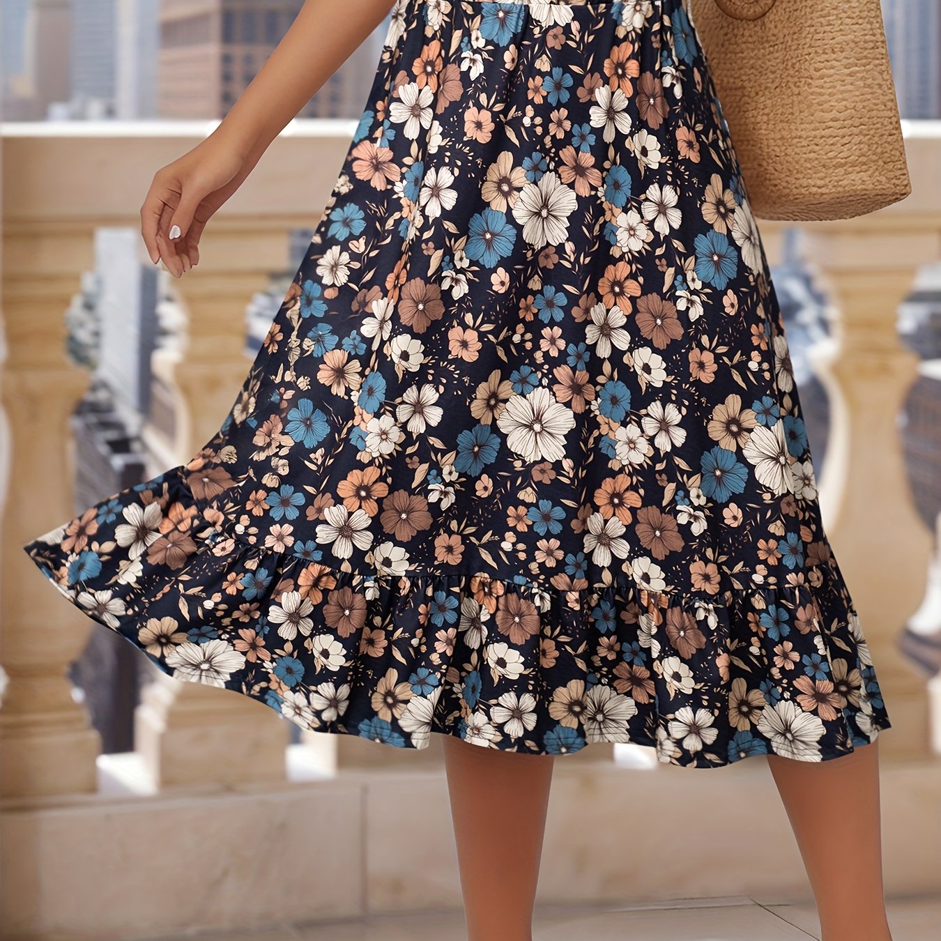 Women's Plus Size Floral Print A-Line Skirt Stretch Polyester Spring Summer Casual