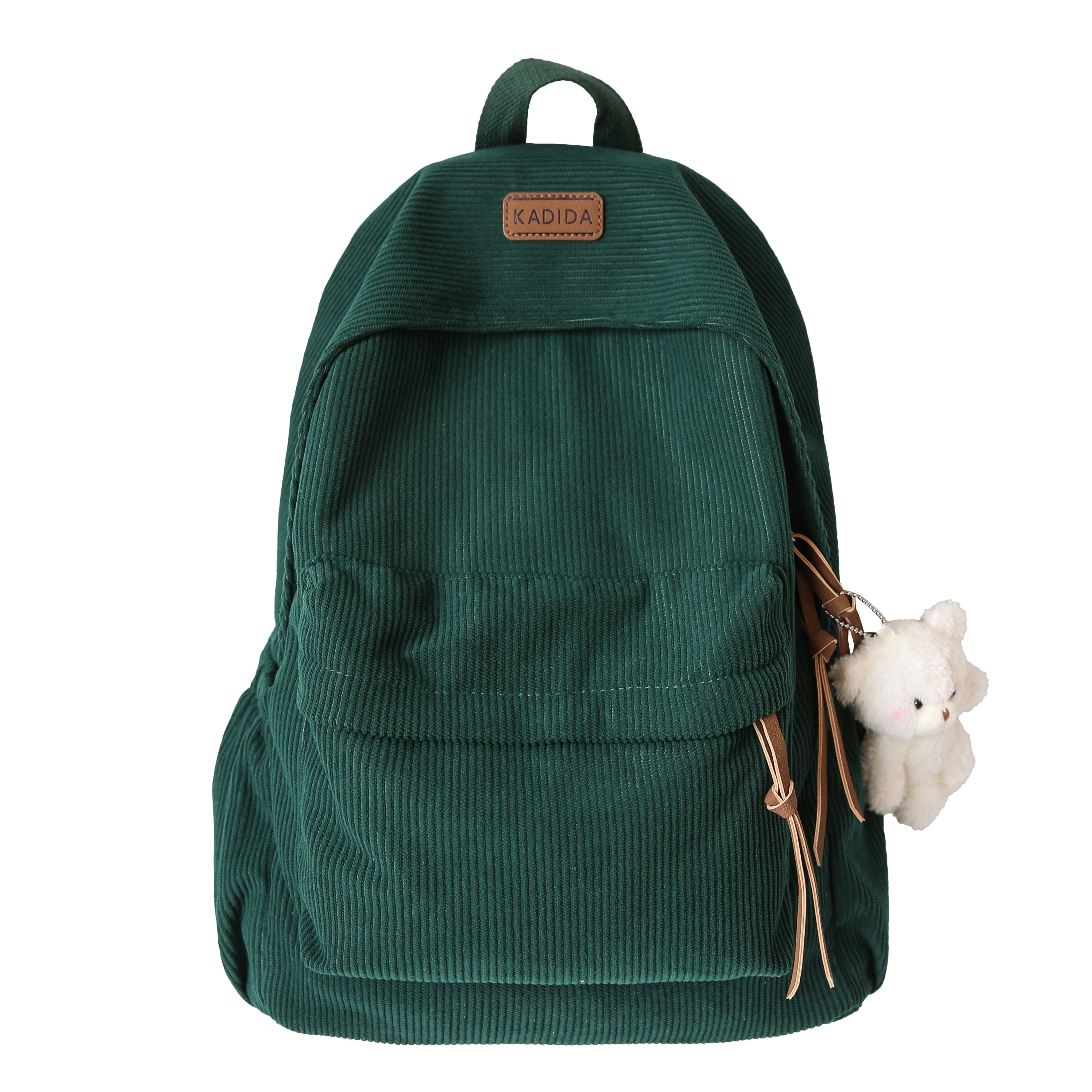 Women's Large Capacity Corduroy Backpack with Bear Pendant for School
