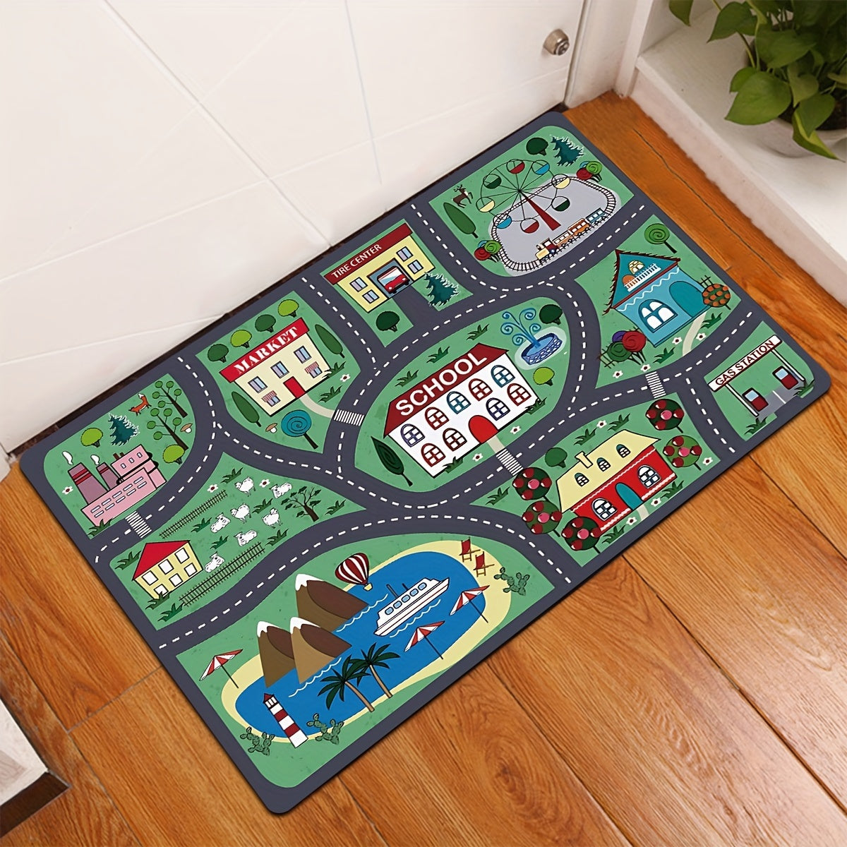 Urban Road Pattern Area Rug Non-Slip Moisture-Proof Polyester for Living Room Bedroom Kitchen