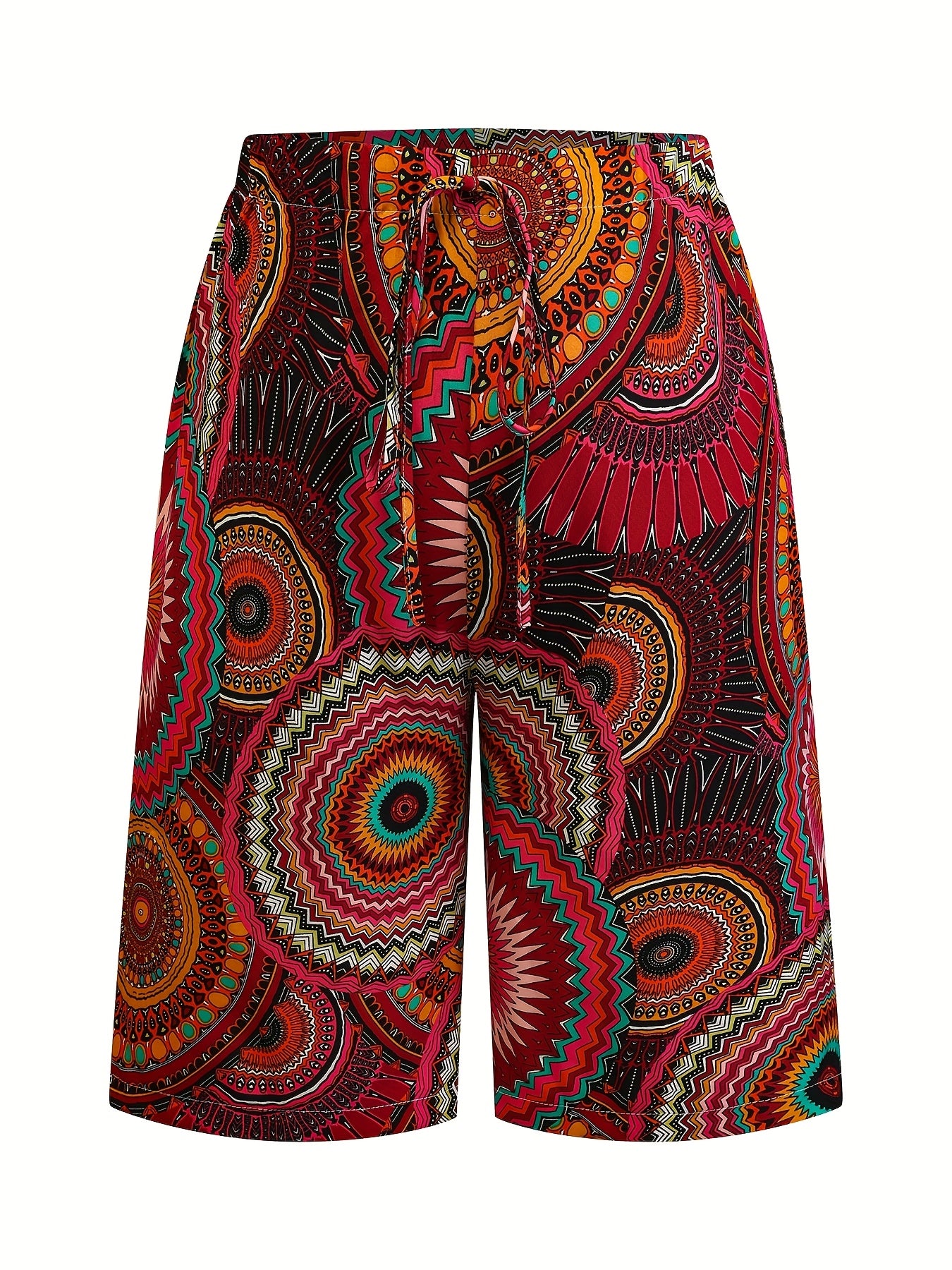 Women's Plus Size Bohemian Print Bermuda Shorts Summer Beachwear Vibrant Red Orange Black