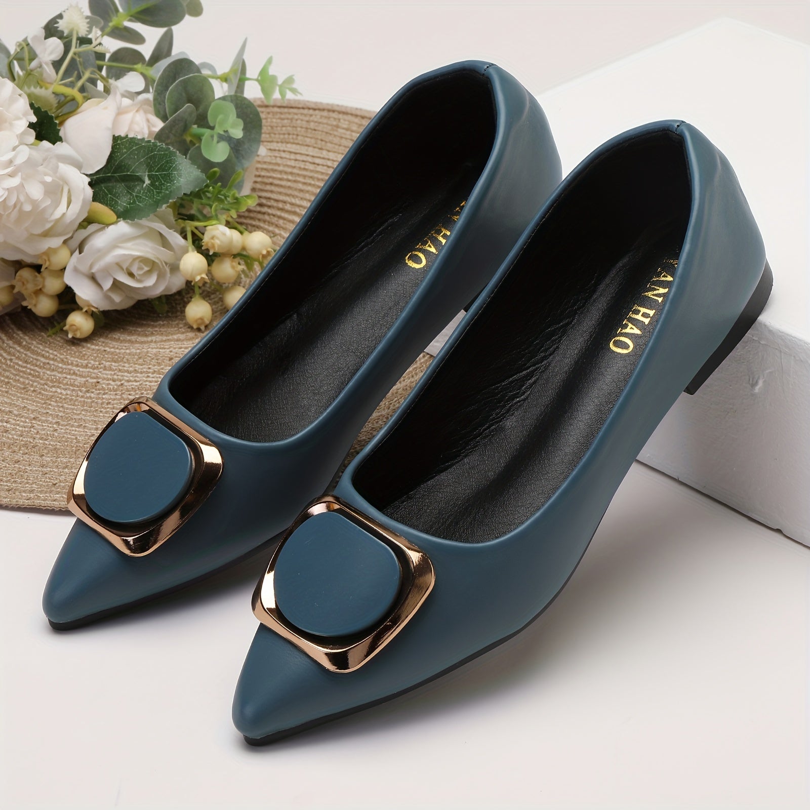 Women's Pointed Toe Mary Jane Flats Summer Slip-On Ballet Shoes with Gold Ring