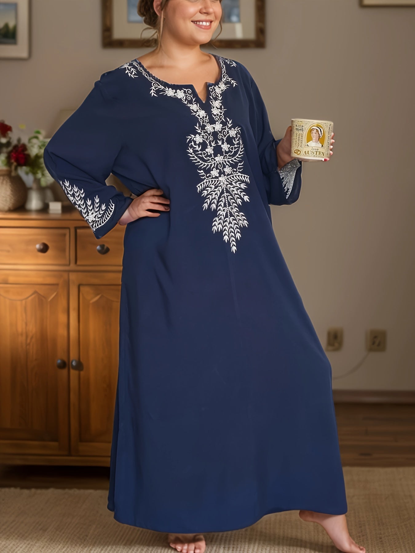 Women's Plus Size Black Blue Bohemian Floral Nightgown with 3/4 Sleeves