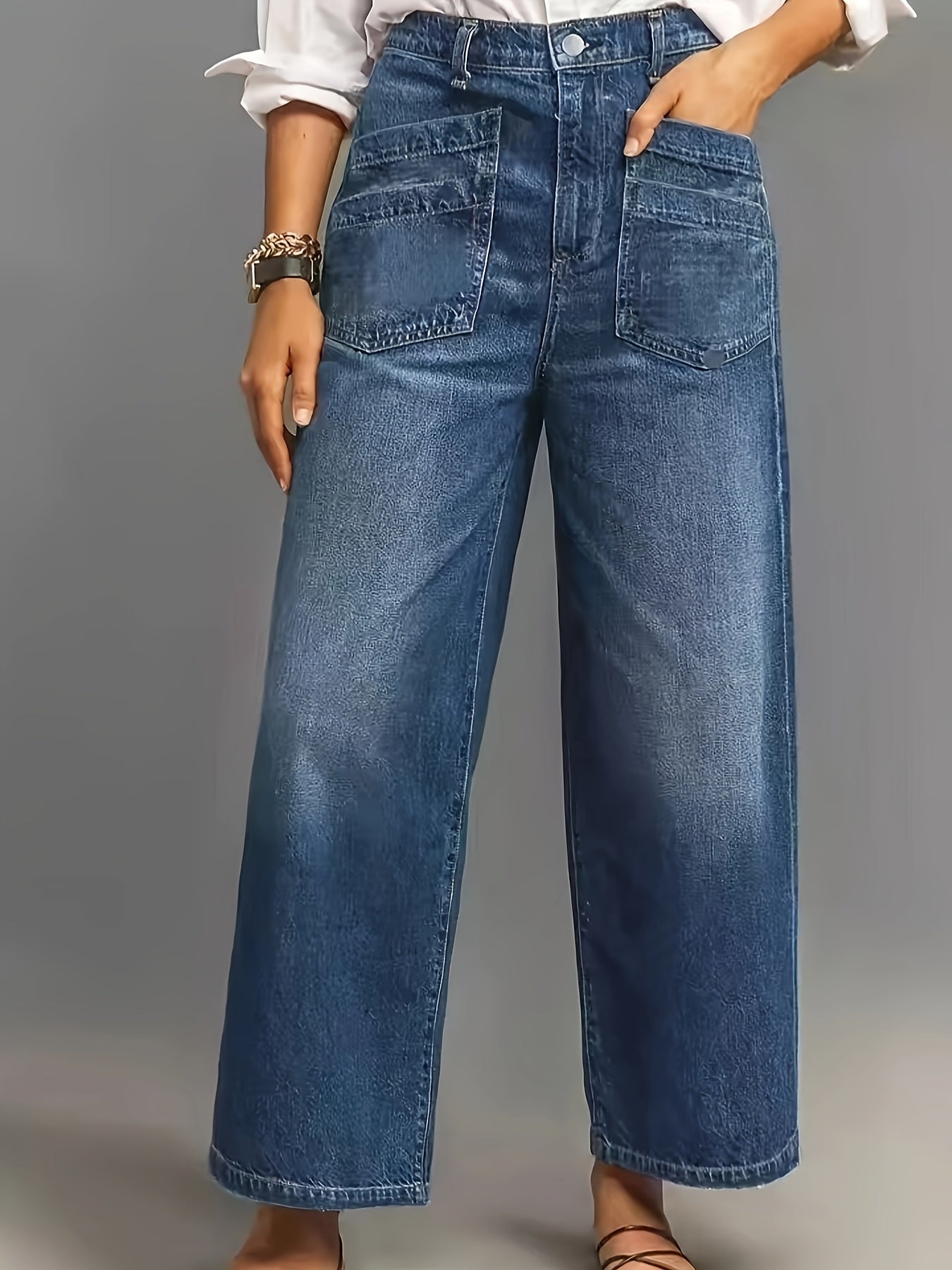 Plus Size Women's Stretch Denim Straight Leg Pants Mid-Rise Casual