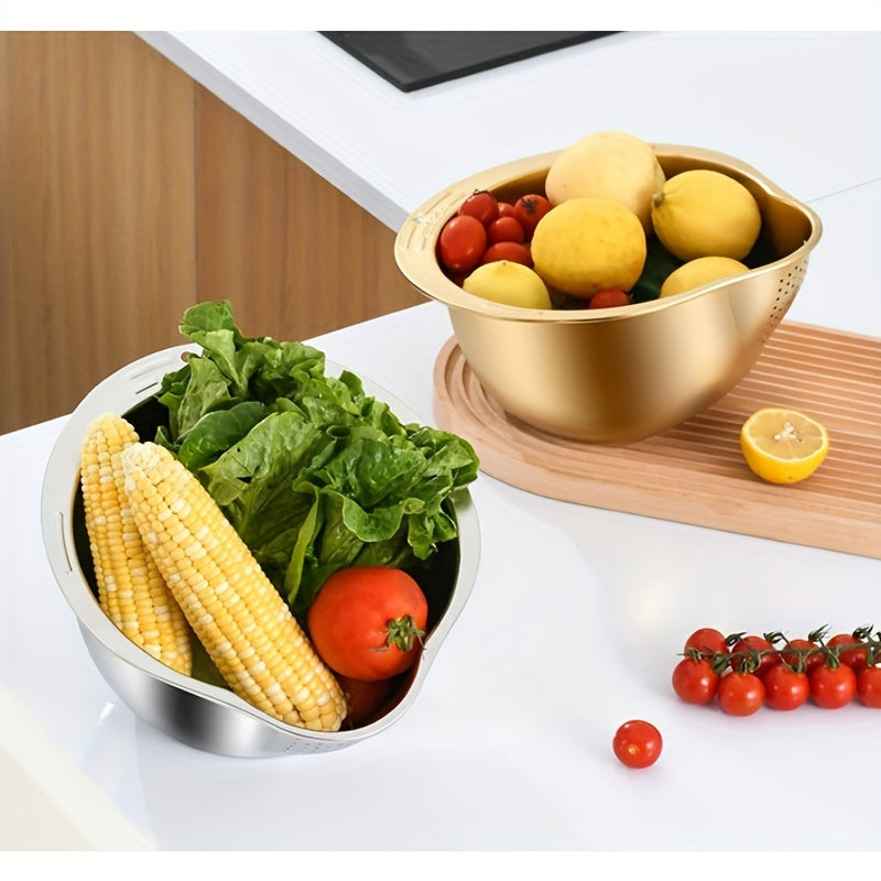 Stainless Steel Rice Washing Basket with Drainage, Golden and Silver, Multi-Functional Kitchen Tool
