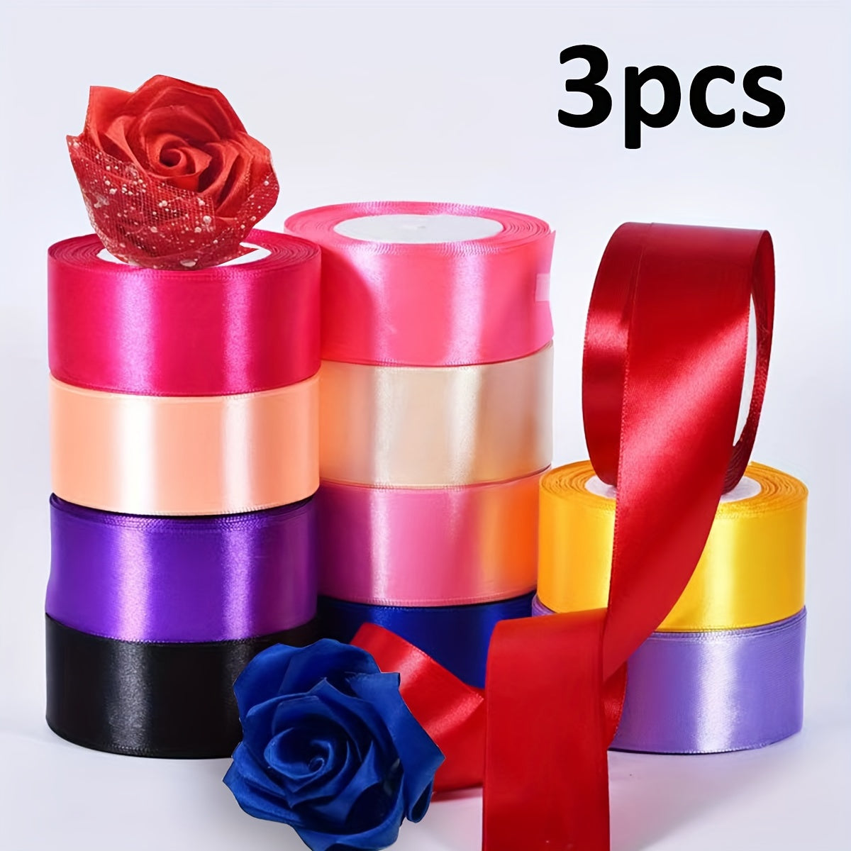 Satin Ribbon Pack 3 Pieces 4cm Wide 22m Long for Wedding Cake Decoration and DIY Crafts