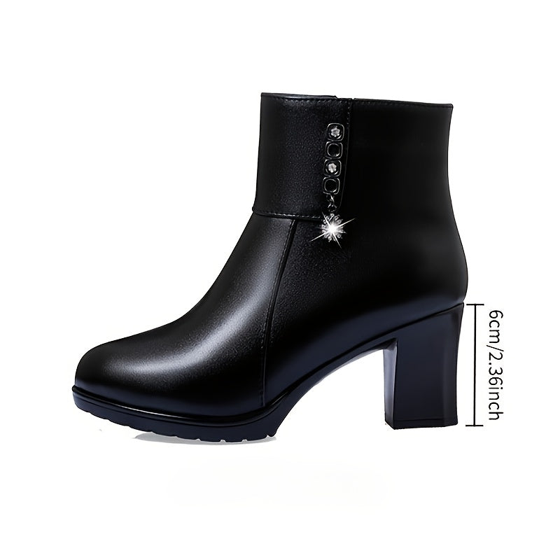 Women's Black Faux Leather Ankle Boots with Chunky Heel and Zipper