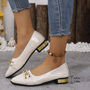 Women's White Pointed Toe Slip-On Loafers with Buckle Embroidery
