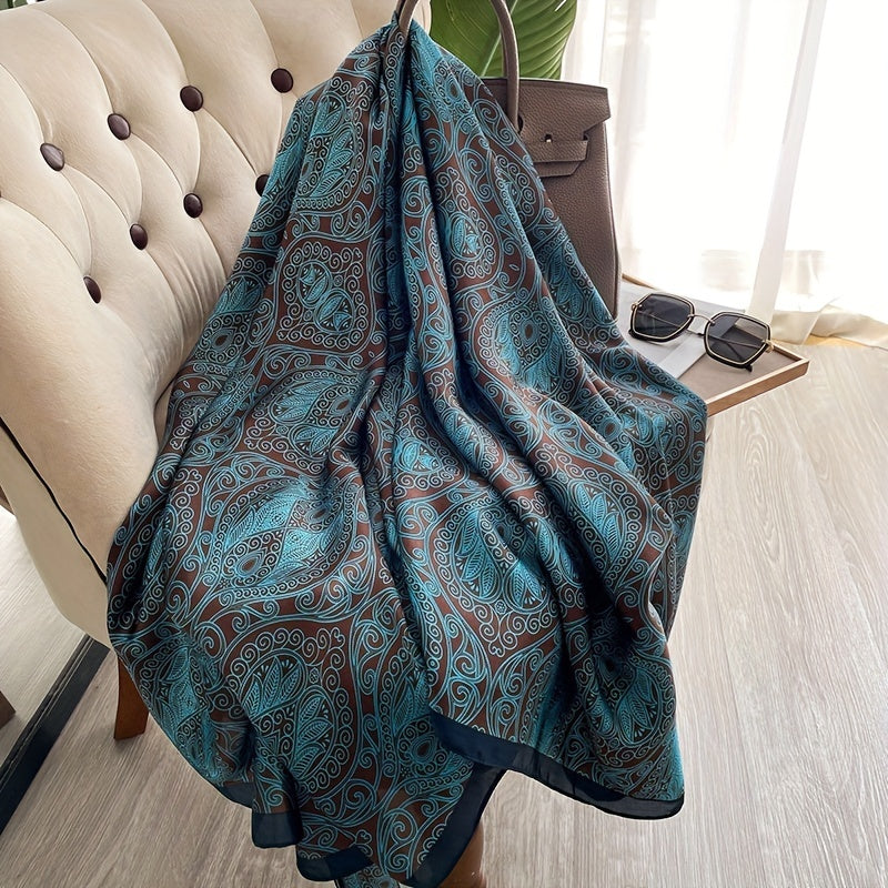 Dark Green Satin Shawl with Vintage Floral Print Large Scarf Head Wrap Windproof Travel Beach Towel