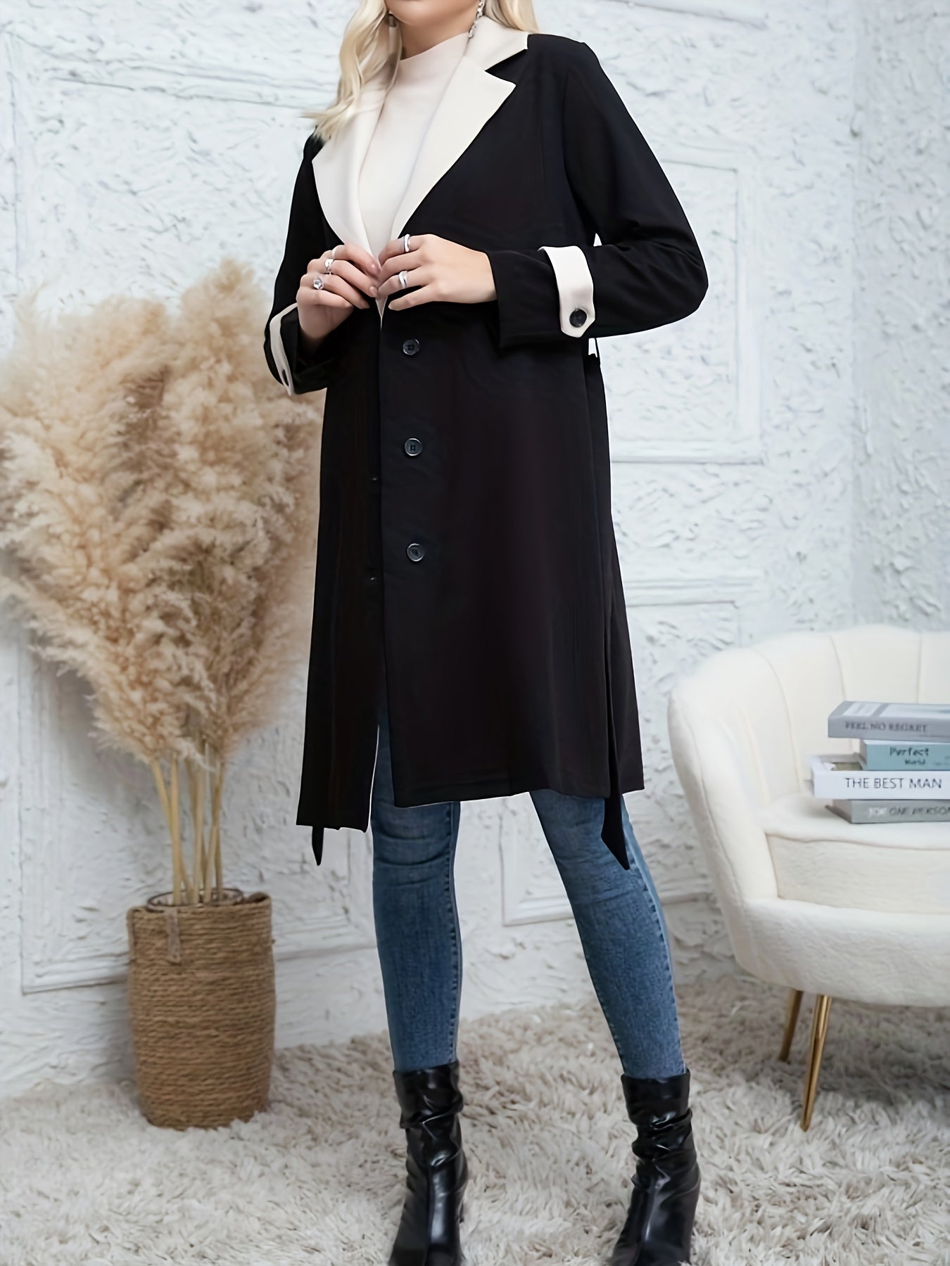 Women's Mid-Length Trench Coat with Belted Lapel Long Sleeves Solid Polyester