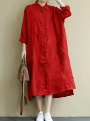 Red Linen Shirt Dress Casual Loose Fit Button Detail Non-Stretch Fabric Spring Collection
