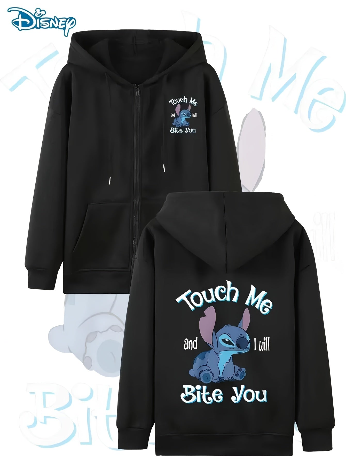 Women's Plus Size Black Cartoon Hoodie with Zipper, All-Season Casual Sweatshirt