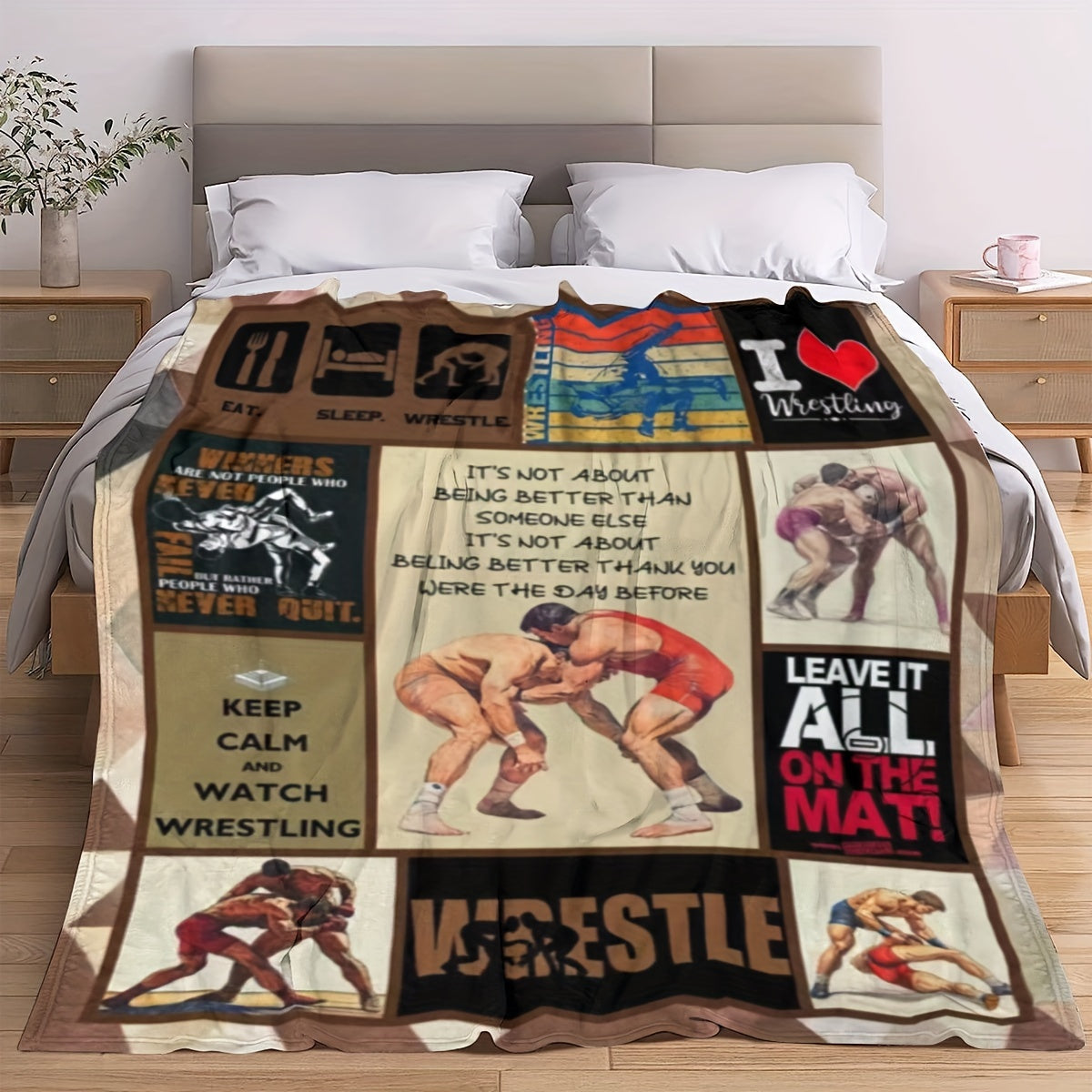 Unisex Fleece Throw Blanket with Wrestling Theme and Mixed Color Print for All-Season Comfort