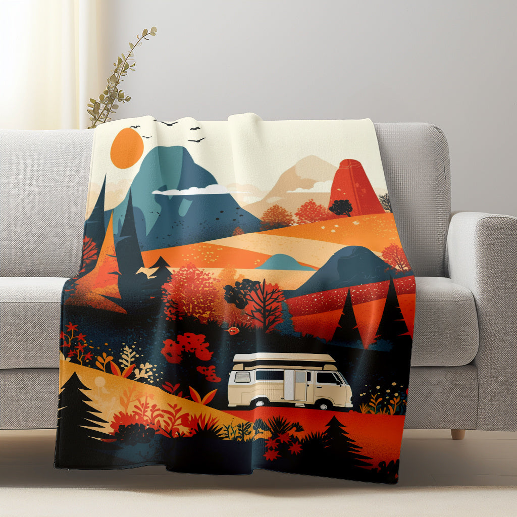 Flannel Throw Blanket Autumn Mountain Camper Van Design Soft Warm Knitted Polyester All-Season