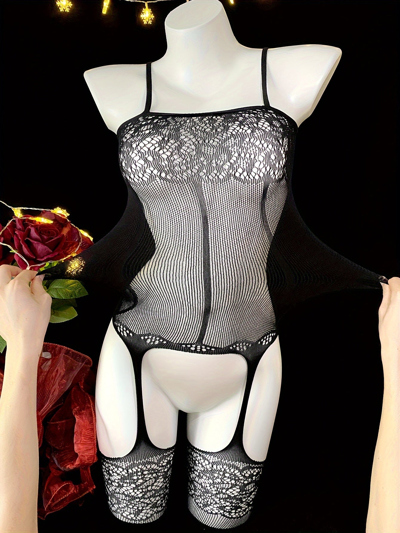 Women's Black Lace Bodysuit with Hollow-Out Design for Festivals and Beachwear