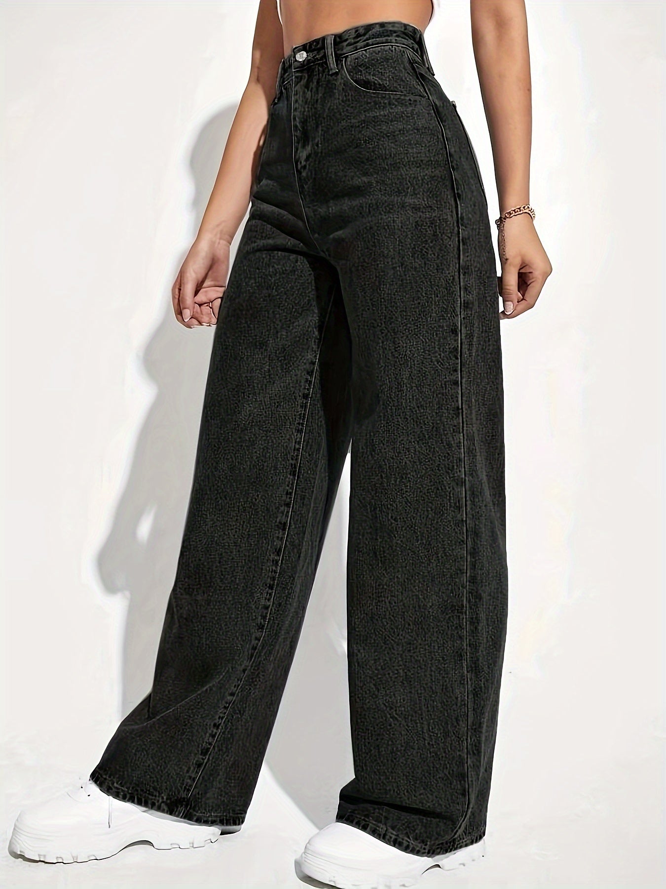 Women's High-Waisted Straight Leg Jeans with Zipper Fly Solid Color Denim Stretch All-Season