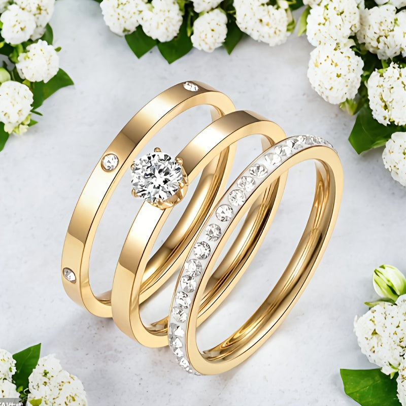 3-Piece Gold Stainless Steel Ring Set with Zirconia Accents for Women