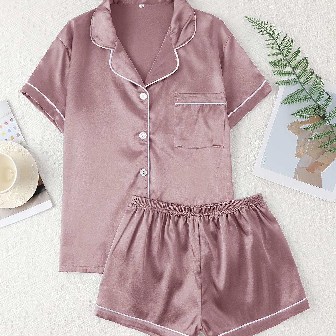 Adult Satin Solid Color Double Shorts Pajama Set