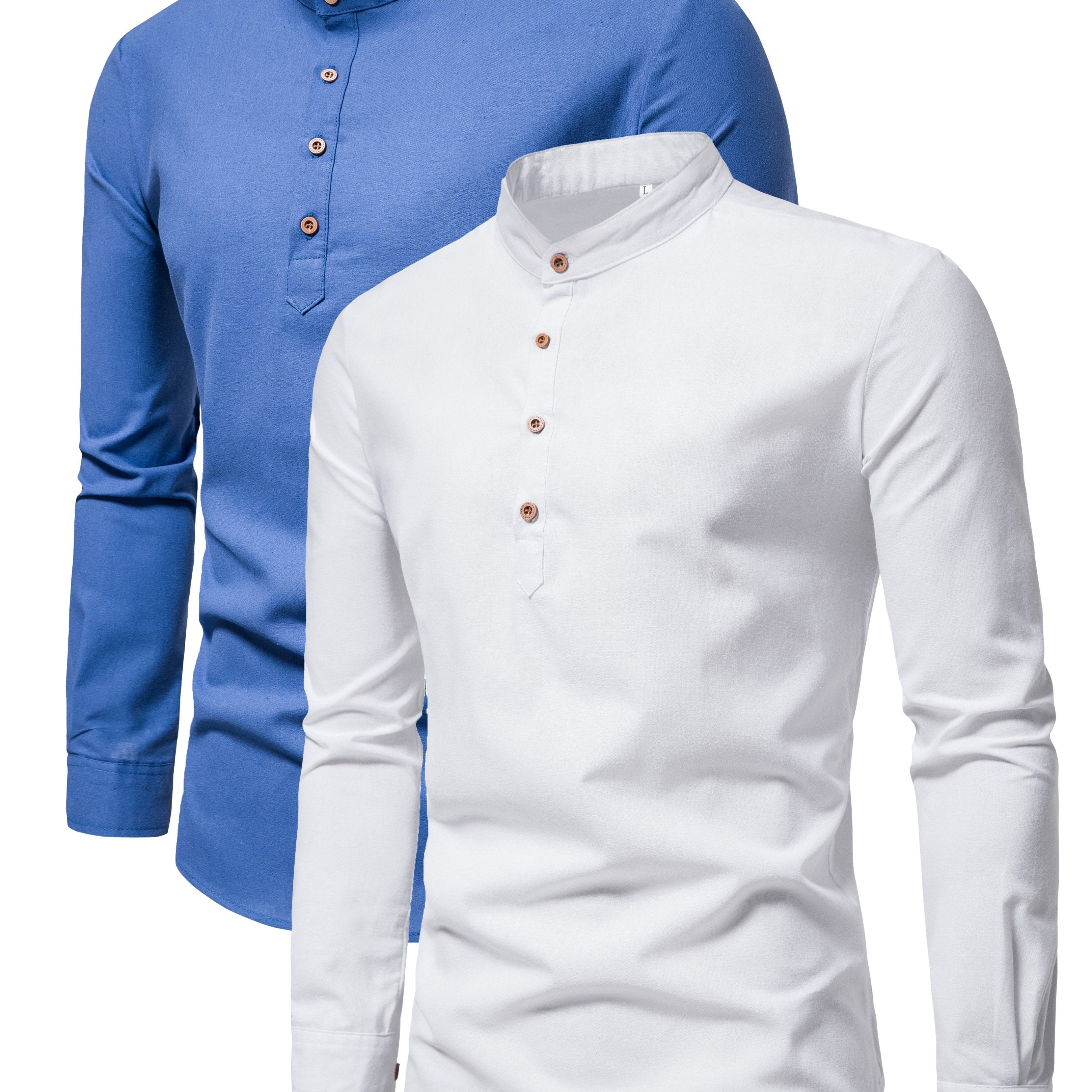 Men's Cotton Long-Sleeve Shirt Set Spring Autumn Stand Collar Slim Fit Solid Color Outdoor