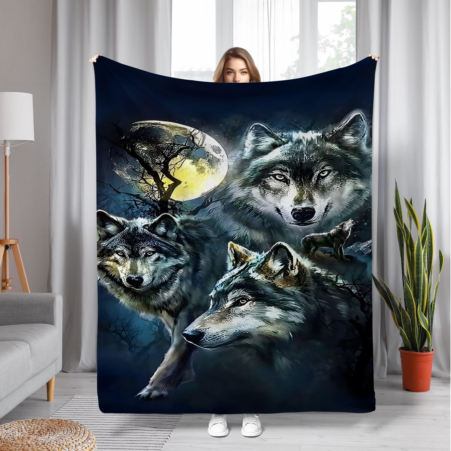 Contemporary Wolves in Moonlight Flannel Fleece Throw Blanket for Sofa Bed Camping