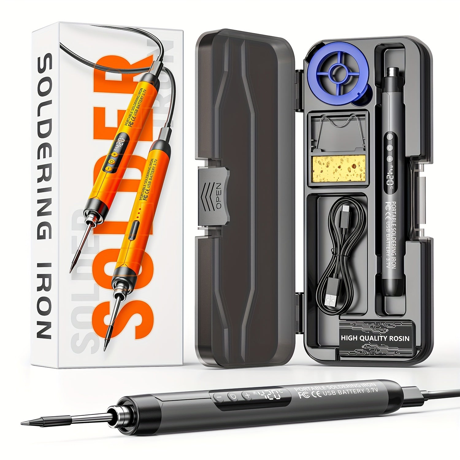 Portable USB Soldering Iron with Adjustable Temperature LCD Display Rechargeable Battery and Storage Box Red