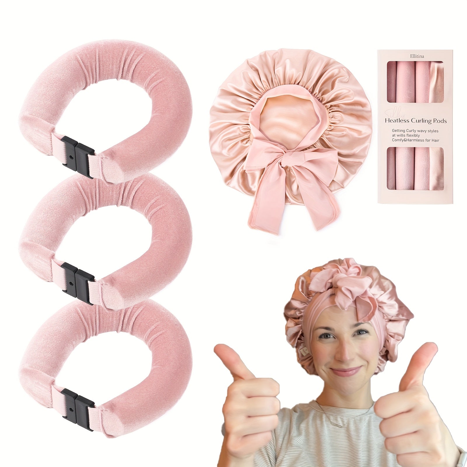 Conjunto de rulos sin calor para mujeres, rulo de noche sin calor, bonete de satén para todo tipo de cabello
