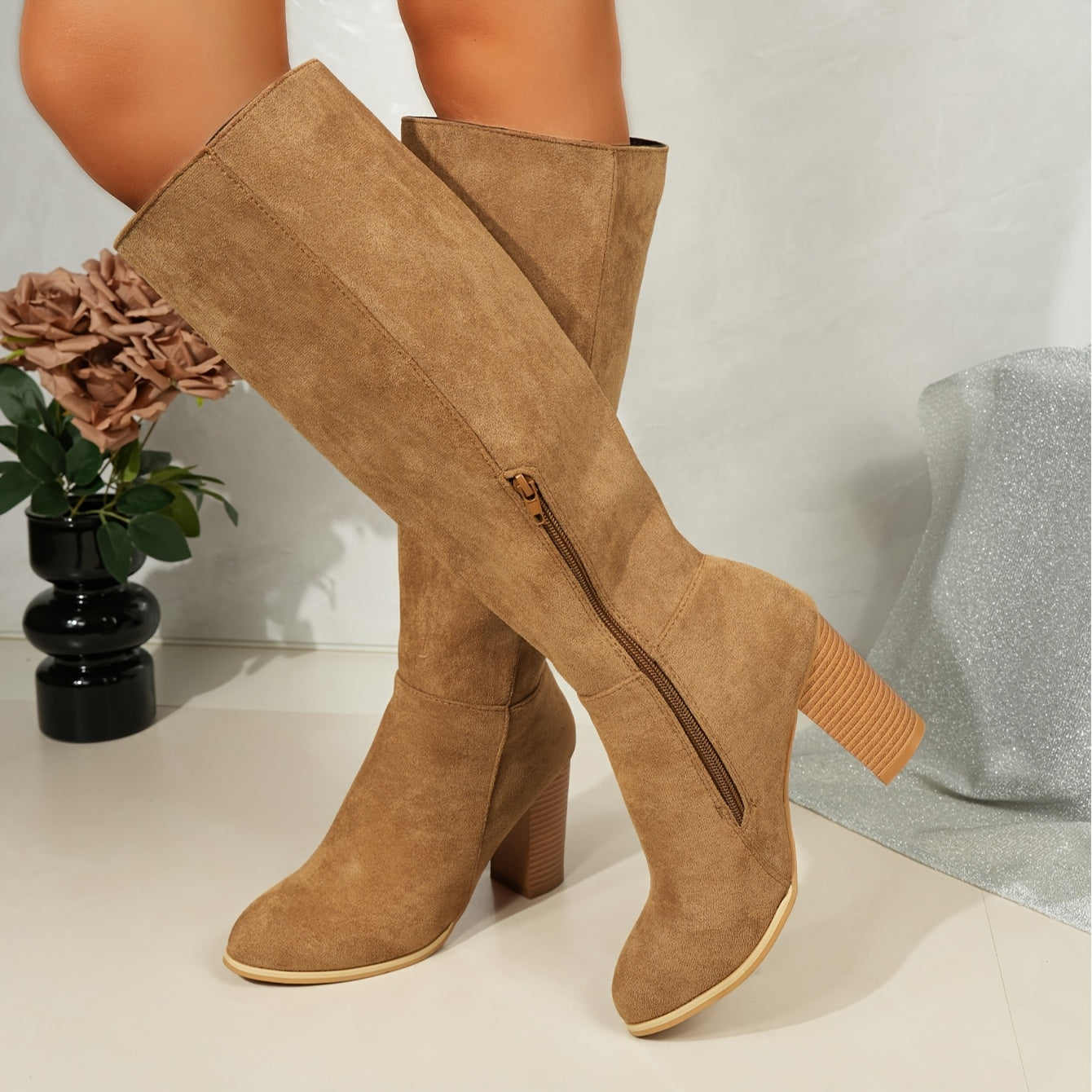 Women's Ankle Boots Faux Leather Round Toe Chunky Heel Over-the-Knee Boots