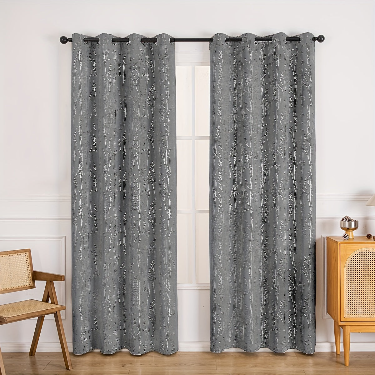 Blackout Curtain with Gold and Silver Tree Branch Pattern for Bedroom Living Room Office