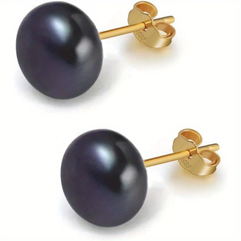 Pendientes de perla de agua dulce negra de 8-9mm con pasadores de plata de ley para mujer