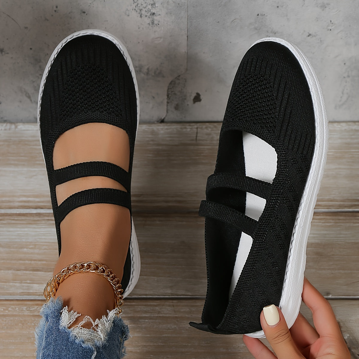 Women's Knitted Sneakers Ankle Band Lightweight Slip-On Walking Shoes