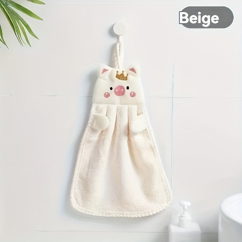 Absorbent Coral Velvet Hand Towel with Cartoon Pig Design for Kitchen Bathroom Living Room