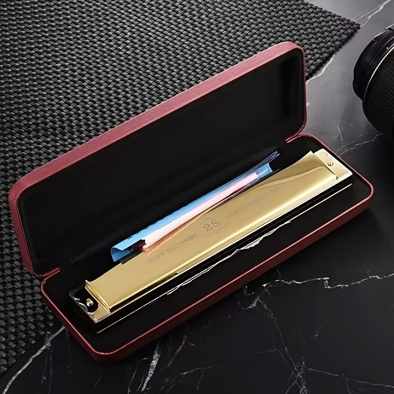 Professional 28-Hole Blues Harmonica Metal Brass Core Polished Blue Black Finish with Case