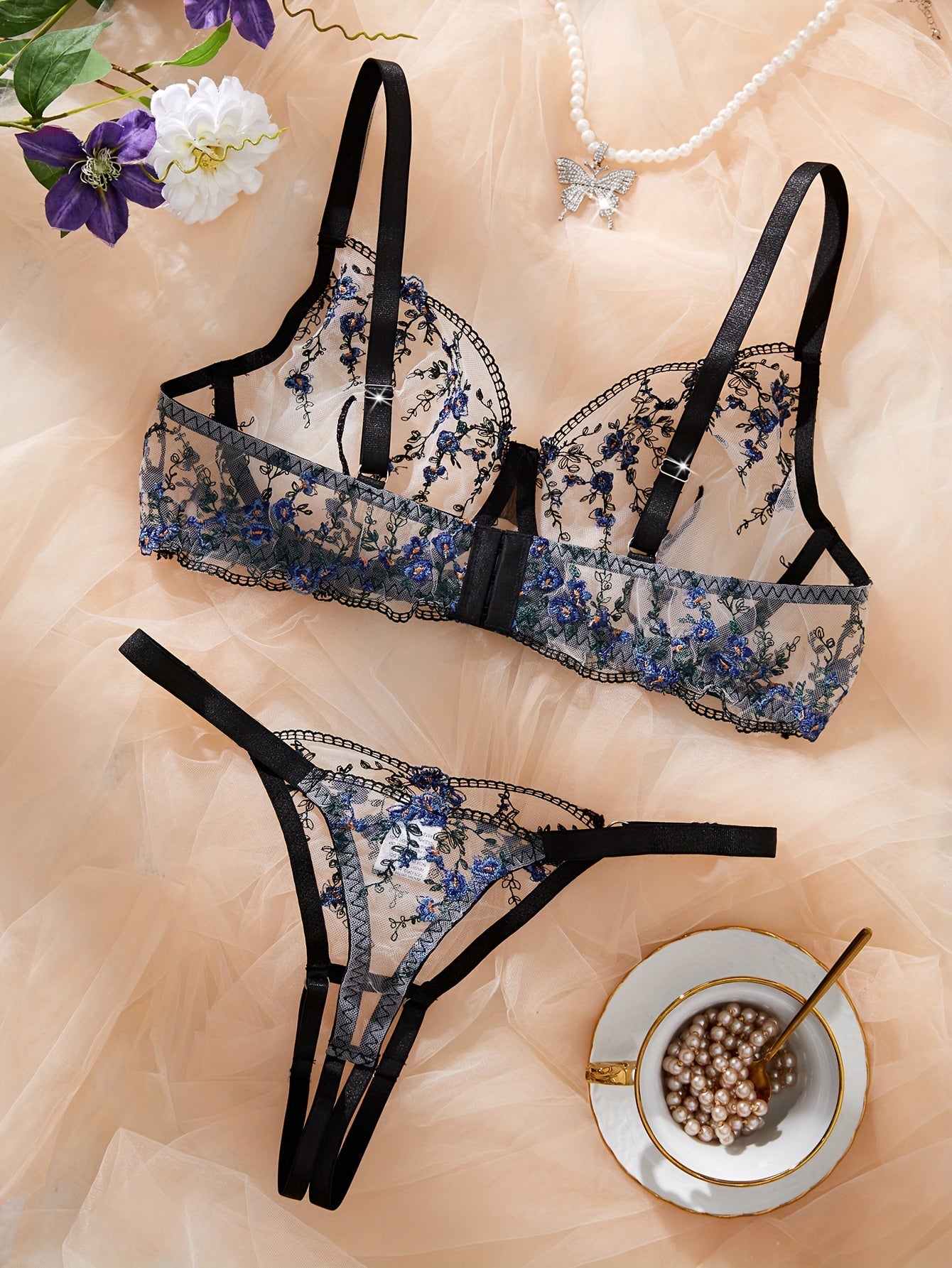 Plus Size Floral Embroidered Sheer Lingerie Set for Adults