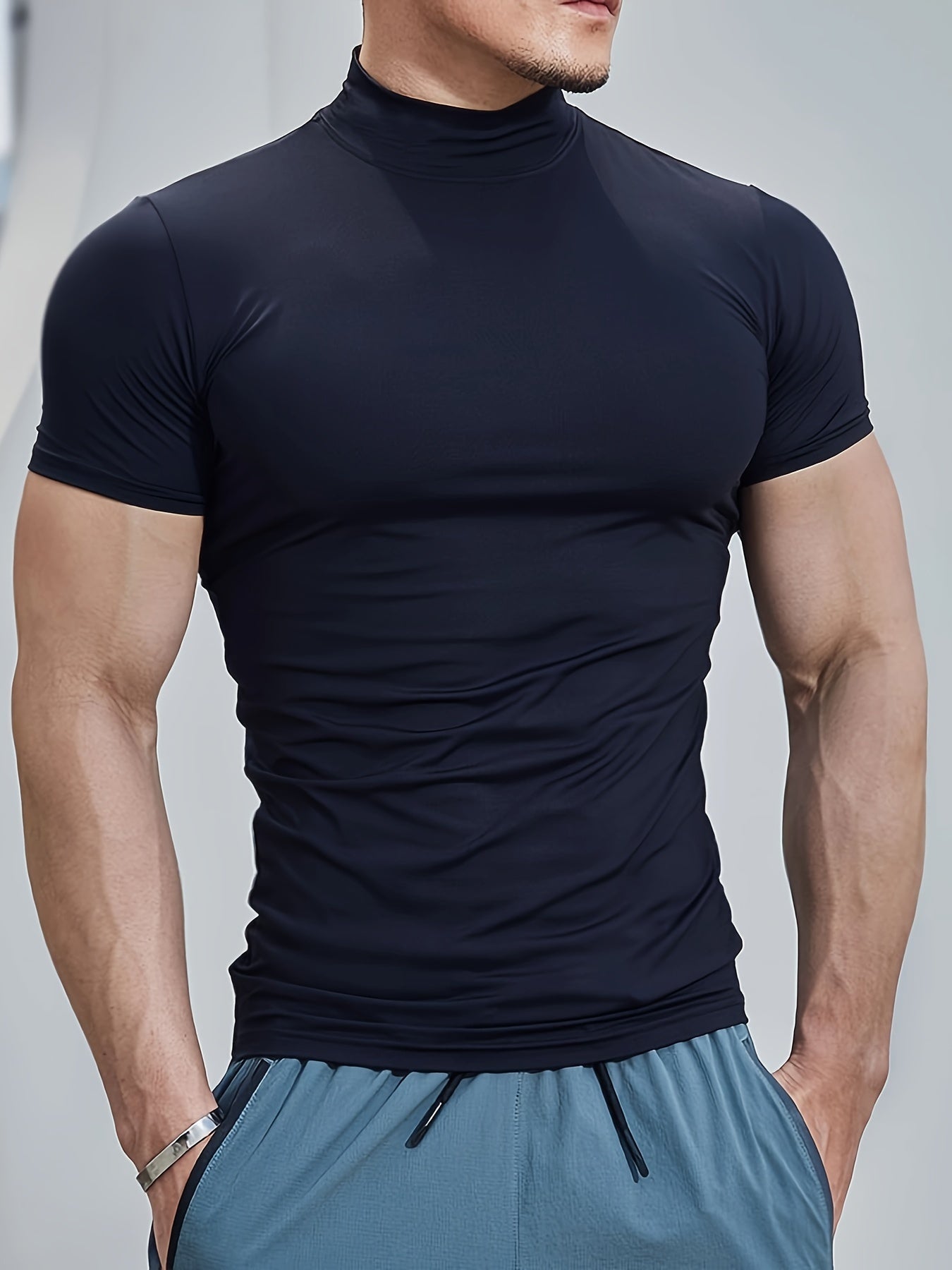 Men's Athletic High Neck T-Shirt Quick Dry Compression Stretch Sleeveless Summer Training Running