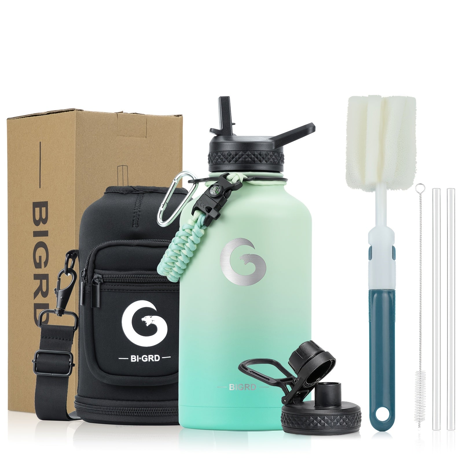 Insulated Water Bottle 40oz/1183ml or 64oz/1893ml Stainless Steel Vacuum with Paracord Handle and Straw Spout