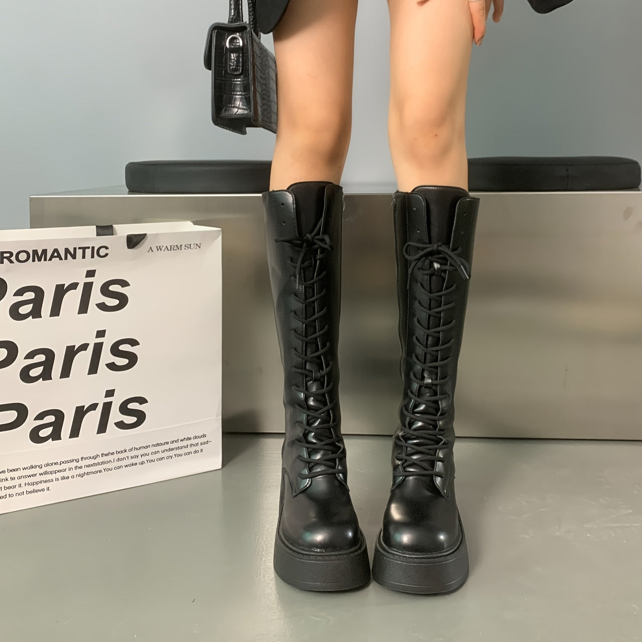 Women's Chunky Platform Ankle Boots Black Synthetic High Heels
