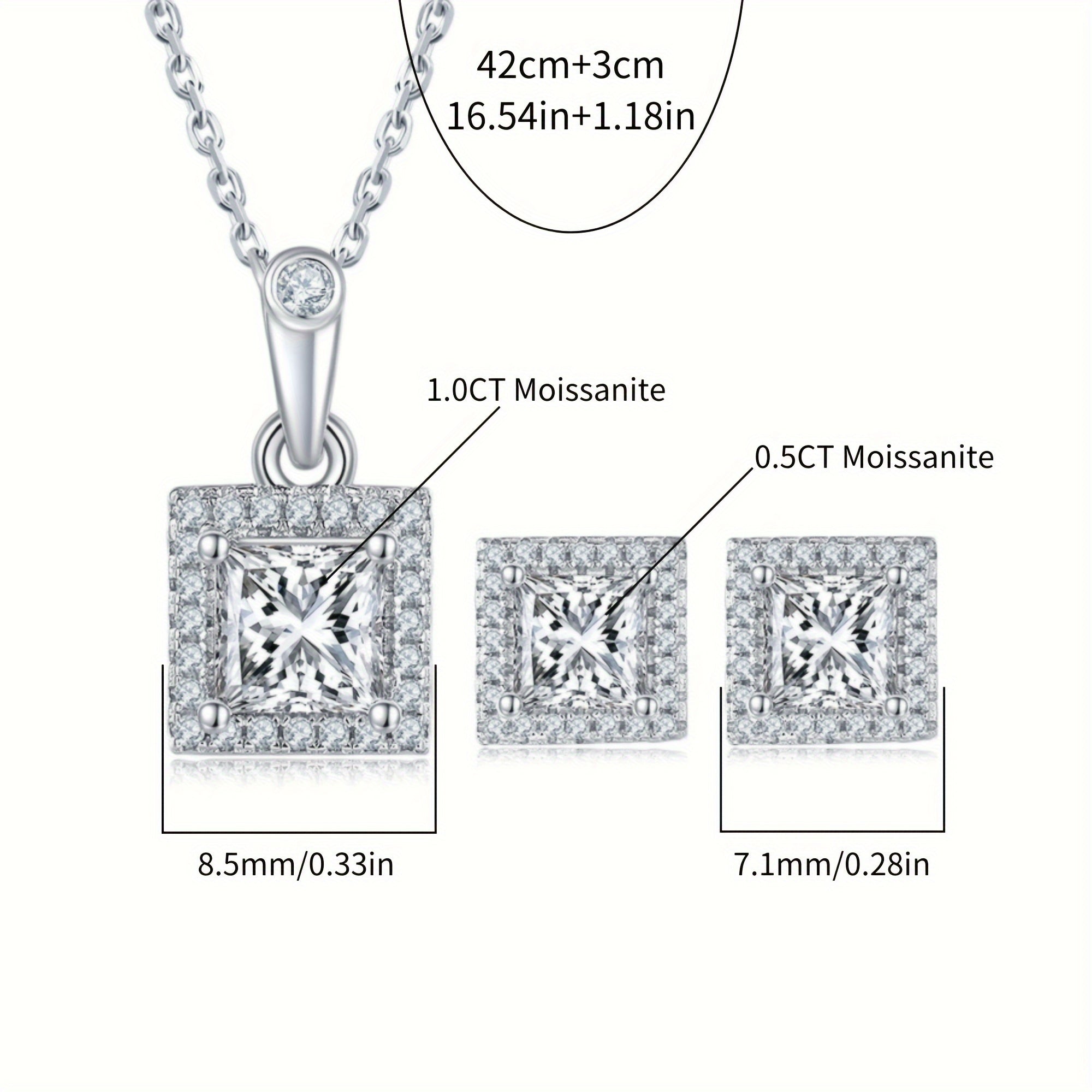 Square Moissanite Jewelry Set for Women with Necklace and Earrings Sterling Silver Engagement Wedding Anniversary Gift