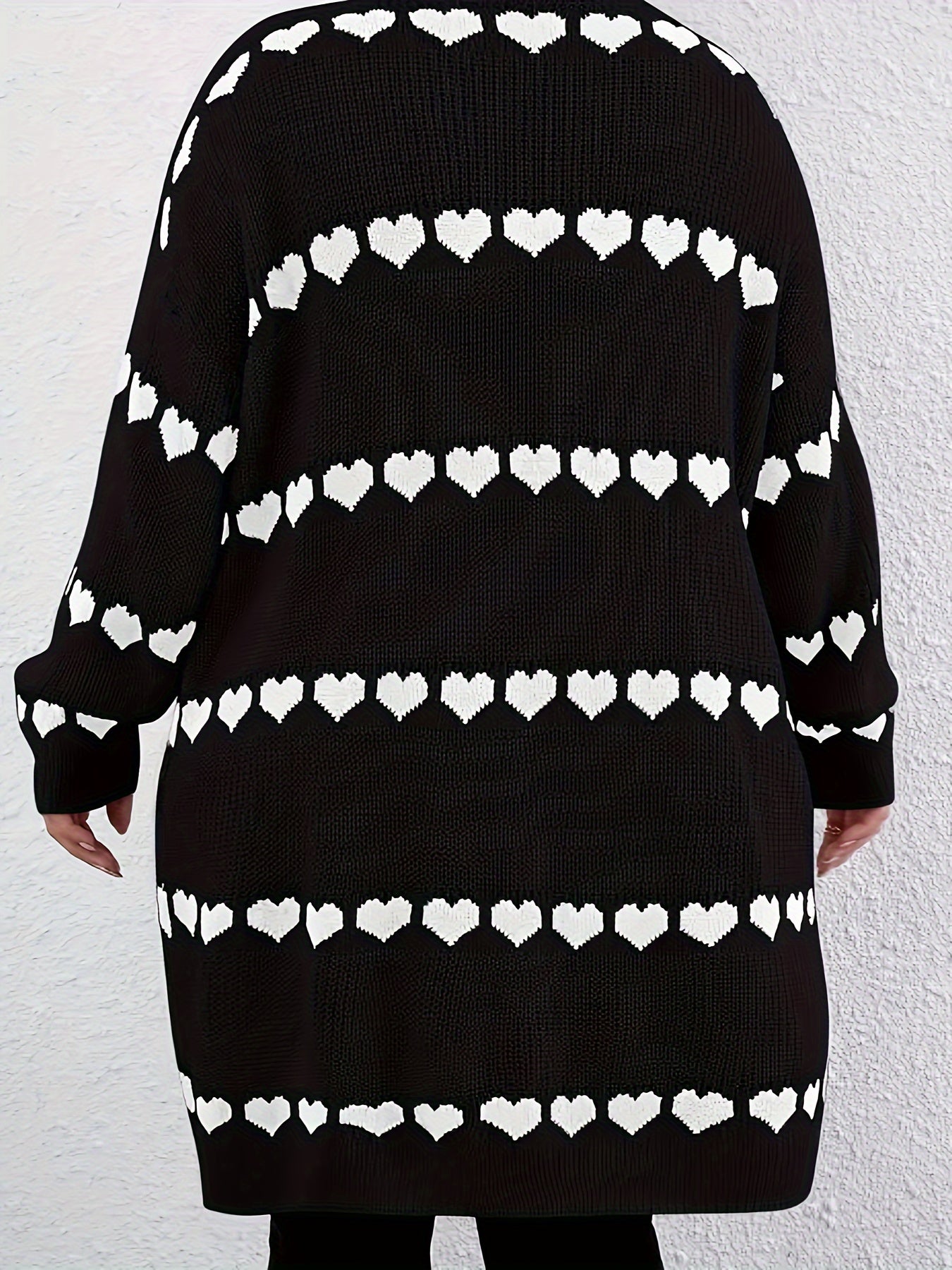 Кардиган для женщин больших размеров с сердечным узором, длинные рукава, черно-белый, повседневный свитер