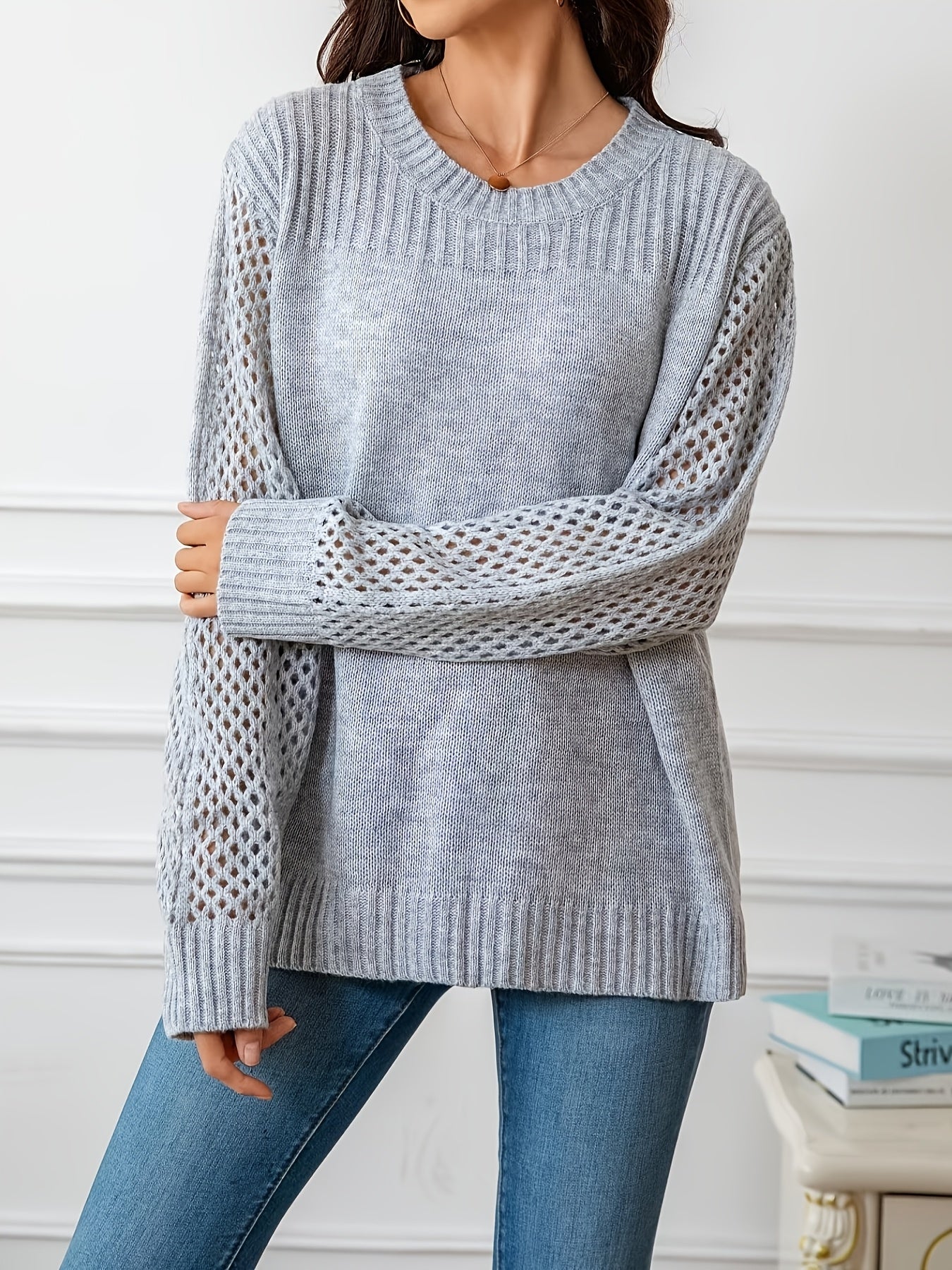 Plus Size Hollow Out Knitted Sweater Casual Long Sleeve Pullover Women