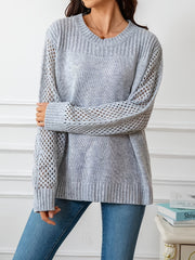 Plus Size Hollow Out Knitted Sweater Casual Long Sleeve Pullover Women