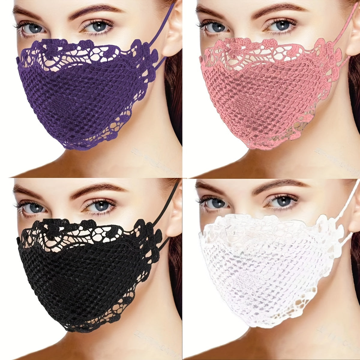 Set of 4 Women’s Lace Face Masks Comfortable Elastic Nightclub Style Easy to Wash Stylish Embroidered Masks for Outdoor Events