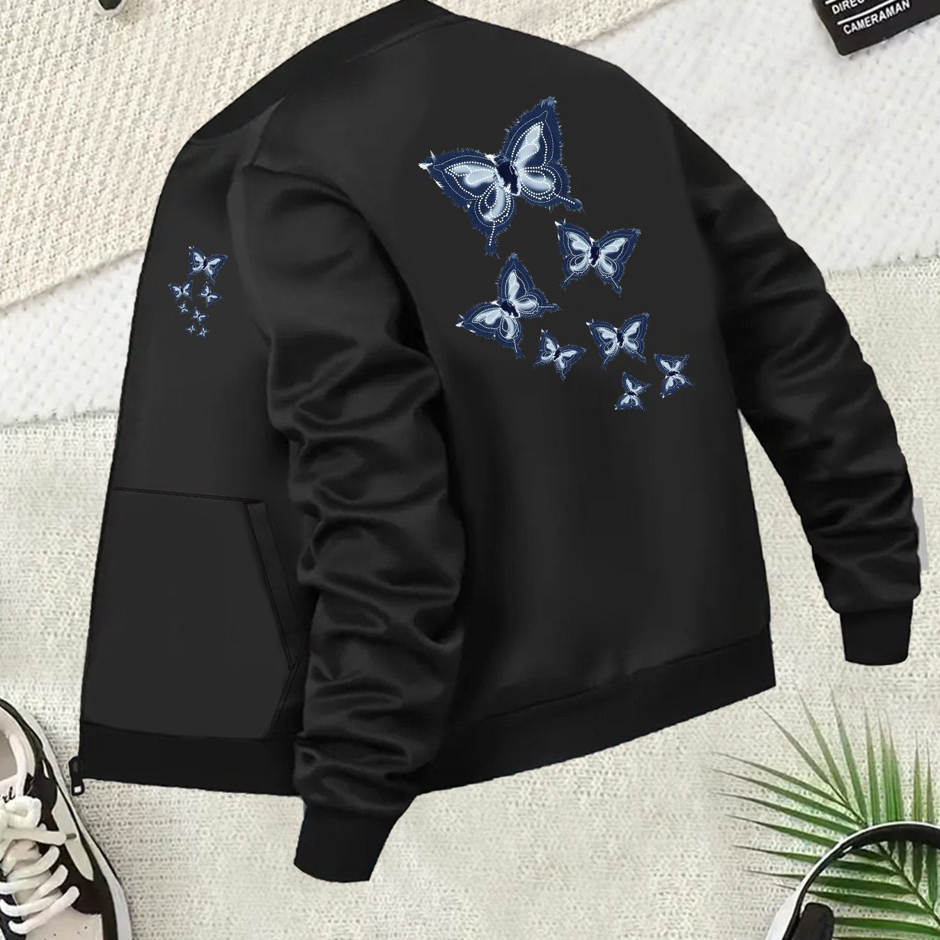 Women's Plus Size Casual Black Zip-Up Bomber Jacket with Pockets