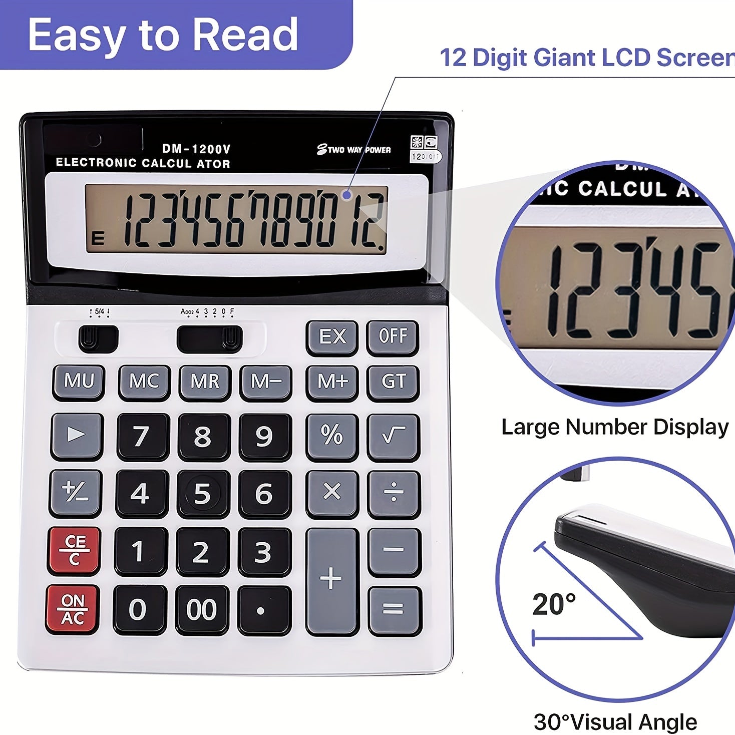 Desktop Calculator Large Display Big Buttons Dual Power 12-Digit Office Use