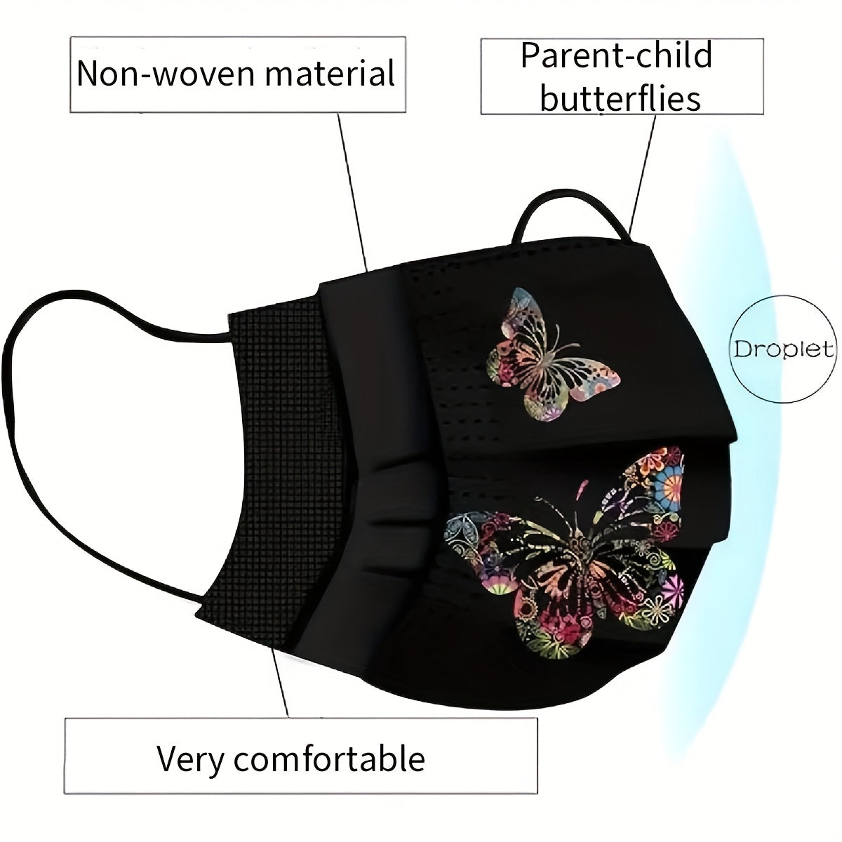 Set of 10 Black Butterfly Print Woven Face Masks with Elastic for Women Men Teens