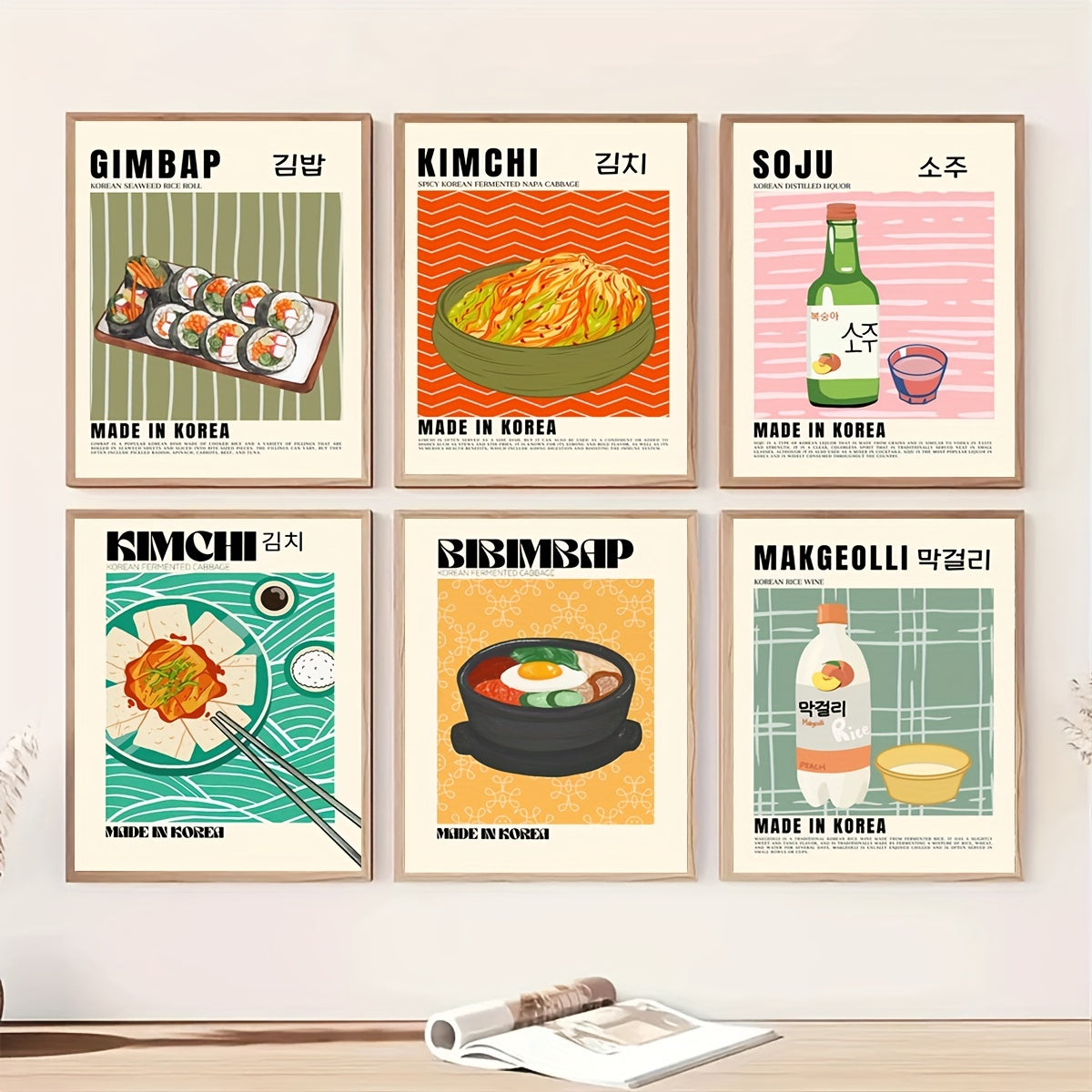 Set of 6 Retro Korean Kimchi Canvas Wall Art Posters Frameless Kitchen Decor 29.97x39.88cm